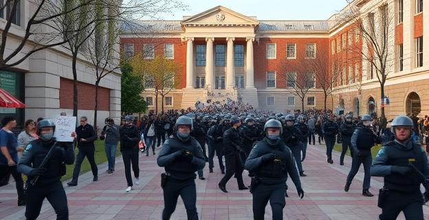 Campus universitario con manifestantes violentos y periodistas en el suelo siendo agredidos, con policías antidisturbios acercándose