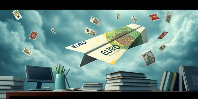 Una ilustración satírica de un avión de papel hecho con un billete de euro gigante, aterrizando sobre un escritorio de oficina gubernamental lleno de sellos oficiales y carpetas de archivos. El fondo es un cielo tormentoso con nubes que parecen gráficos financieros cayendo. Estilo editorial, colores contrastados, atmósfera de ironía política.