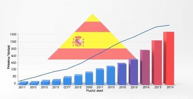 Gráfico que muestra la evolución de la deuda pública española en relación con el PIB, con una pirámide de población al fondo y un gráfico de barras representando el gasto en pensiones