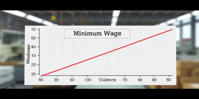 Un gráfico que muestra la relación entre el salario mínimo y el coste laboral, con un fondo de una fábrica o un lugar de trabajo