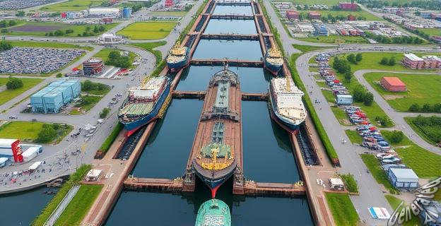 Ilustración de un canal largo con esclusas y barcos en construcción, rodeado de paisaje industrial y zonas verdes.