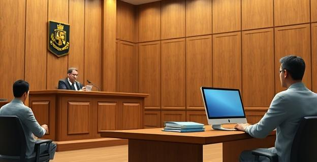 Una sala de tribunal con un juez en el estrado y un testigo declarando, con documentos y un ordenador en la mesa, representando una investigación judicial sobre irregularidades en un proyecto de software universitario.