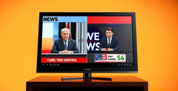 Imagen de una televisión con una pantalla dividida mostrando noticias con un claro sesgo político, con una parte mostrando al gobierno y la otra a la oposición de manera desproporcionada.