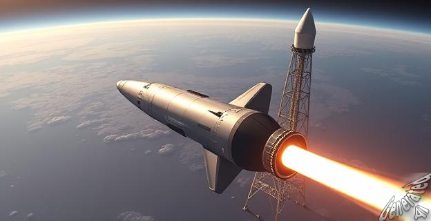 Un cohete Starship despegando hacia el espacio con una torre de lanzamiento al fondo, desplegando satélites Starlink.