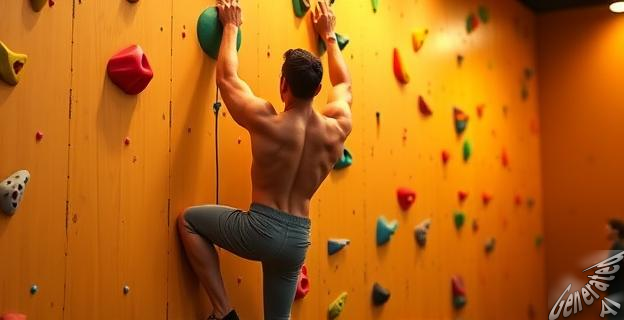 Una persona escalando en un rocódromo interior, con iluminación ambiental cálida. Se ven claramente los músculos en tensión, la postura equilibrada y la concentración. El fondo muestra una pared de escalada con presas de colores variados, sin que se distingan marcas ni logos. Se sugiere movimiento y esfuerzo, con el enfoque en la interacción del cuerpo con la pared. Los colores son vibrantes, pero la escena es natural y realista. No hay personas en el fondo.
