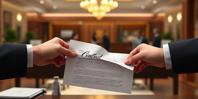 Una imagen de un contrato siendo rasgado, con un fondo de despachos gubernamentales y personas discutiendo en segundo plano.