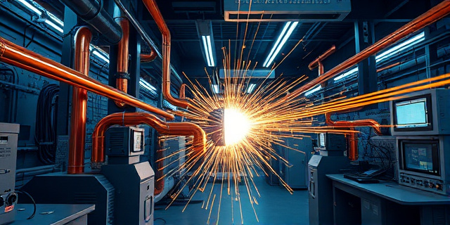 Un laboratorio de alta energía con tubos de cobre y luces frías, donde un rayo luminoso de partículas atraviesa la cabeza de un científico, dejando una estela de destellos y un fondo de cables y paneles de control.