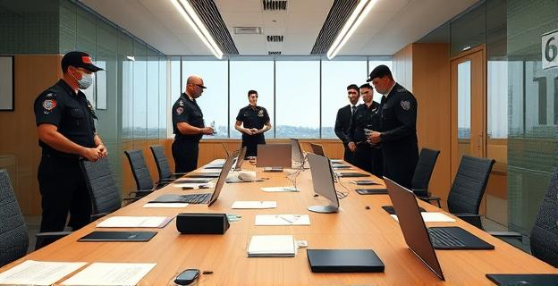 Oficinas de Acciona siendo registradas por la Guardia Civil con documentos y computadores en las mesas