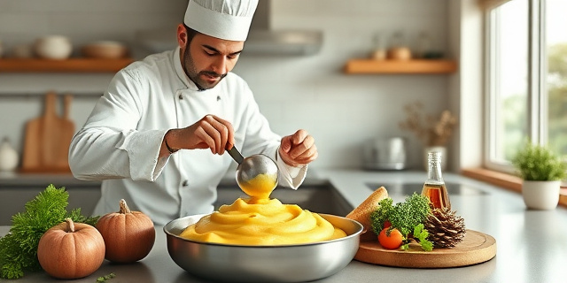 Un chef experto cocinando un puré de patata en una cocina moderna, con una variedad de ingredientes frescos y una técnica precisa.