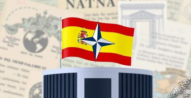 Imagen de una sede de la OTAN con bandera de España, simbolizando la integración y cooperación internacional, con un fondo de documentos históricos y políticos.