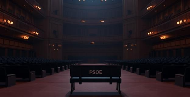 Escena de un hemiciclo vacío en el Congreso de los Diputados con una atmósfera de tensión y expectación. Un escaño con un cartel que dice 