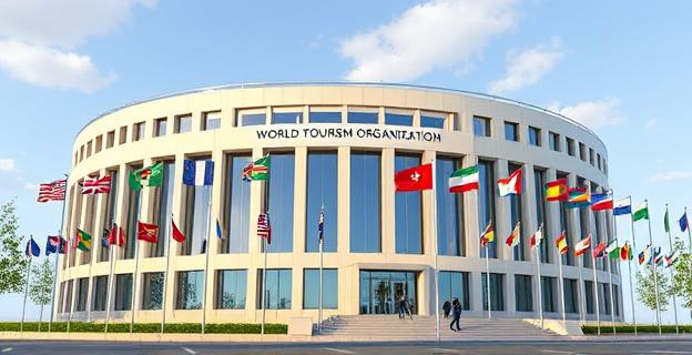 Edificio de la Organización Mundial del Turismo en Madrid con banderas de diferentes países ondeando en el exterior
