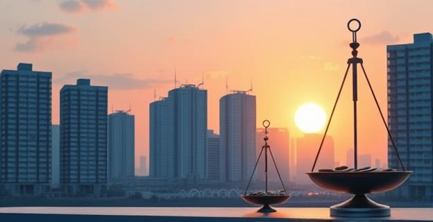 Un paisaje urbano futurista con edificios residenciales de diseño innovador, siluetas geométricas abstractas que representan estadísticas de vivienda fluctuantes, y un cielo al atardecer proyectando sombras largas. En primer plano, una balanza abstracta inclinada con una pila de monedas y documentos. El ambiente es crepuscular con tonos azules y naranjas. No hay personas visibles, solo la arquitectura y los elementos simbólicos de la economía.