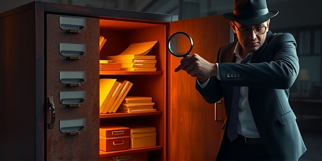 Una ilustración conceptual y satírica. Un archivador de oficina antiguo y oxidado que se abre para revelar CDs brillantes y papeles amarillentos que emiten una luz dorada, mientras una mano con un traje caro intenta tapar la vista a un inspector de impuestos que sostiene una lupa. Estilo editorial de revista, colores contrastados, atmósfera de ironía burocrática.