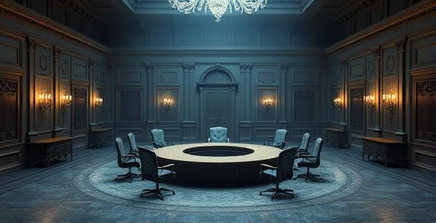 Una sala del Senado vacía con una mesa central y sillas alrededor, con un ambiente de tensión y secretismo