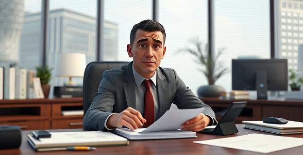 Oficina de un directivo con documentos y un teléfono en la mesa, con una expresión de preocupación en el ambiente