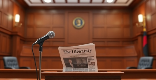 Una imagen que represente un tribunal de justicia con un micrófono y un periódico en el estrado, simbolizando la demanda judicial contra un medio de comunicación por difamación.