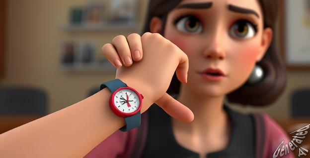 Una mujer sostiene una pulsera antimaltrato en su muñeca, con una expresión de preocupación en su rostro. Al fondo, una imagen borrosa de una comisión en el Congreso.