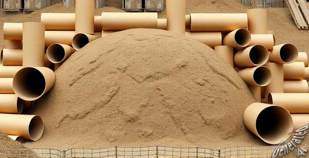 Un muro de tierra compactada rodeado de tubos de cartón, en un entorno de obra en construcción.