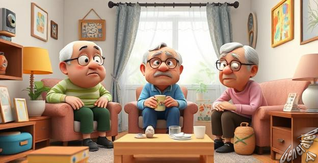 Una habitación compartida por tres personas mayores con objetos cotidianos y expresiones de frustración