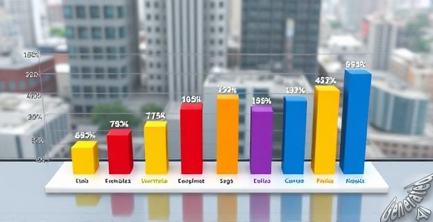 Un gráfico de barras que muestra las tasas de paro en diferentes grupos educativos en España, con un fondo de una ciudad con edificios de oficinas.