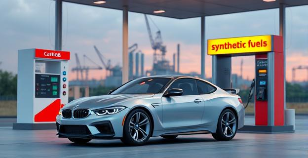 Imagen de un coche con un motor de combustión en una gasolinera con un letrero de 