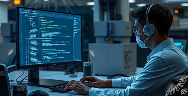 Una imagen de una persona trabajando en un laboratorio de inteligencia artificial con una pantalla de computadora que muestra código abierto y modelos de inteligencia artificial.