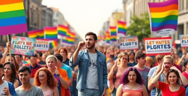 Una multitud en una manifestación colorida con pancartas LGTBI, una figura solitaria en el centro con gesto agresivo