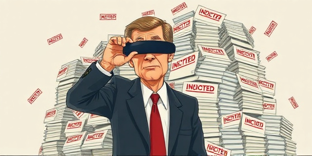 Una ilustración satírica de estilo editorial. Un hombre con traje presidencial sostiene unas gafas de eclipse oscuras frente a sus ojos, mientras detrás de él, una montaña de expedientes judiciales y carpetas con sellos rojos de 