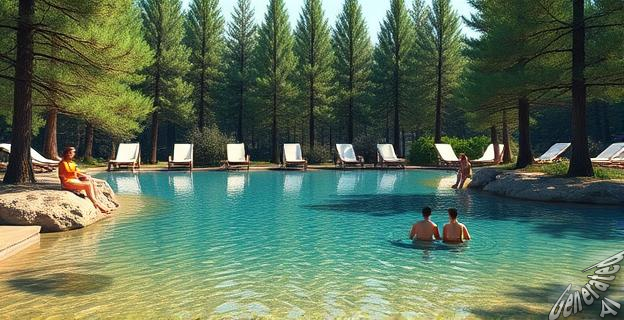 Imagen de una piscina natural rodeada de pinos y con gente disfrutando del verano