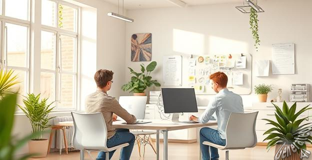Una imagen que representa un entorno laboral moderno con personas jóvenes trabajando en un espacio colaborativo y luminoso, con elementos que sugieren inspiración y motivación, como pizarras llenas de notas y plantas.