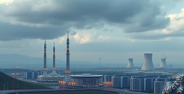 Un paisaje futurista de una ciudad en Asia Central con torres de datos y centrales nucleares en el fondo, simbolizando la apuesta de Kazajistán por la inteligencia artificial y la energía nuclear.