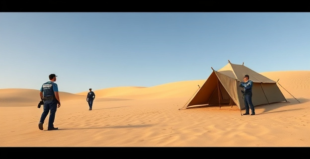 Una escena en las dunas de Cabopino con una tienda de campaña y policías alrededor, sin mostrar caras ni identificar a las personas.