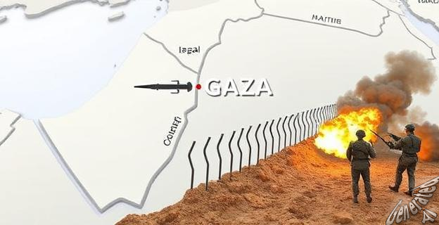 Un mapa de Israel y Gaza con una línea de demarcación entre ambos territorios, y una imagen de un ataque con cohetes y soldados en la frontera.