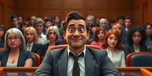 Una sala de tribunal llena de personas con cara de confusión, con un hombre sentado en la parte delantera con una sonrisa irónica en su rostro