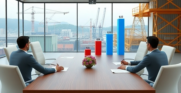 Imagen de una reunión empresarial con documentos de rescates financieros y gráficos de barras mostrando cantidades millonarias, con un fondo de un paisaje industrial vasco.