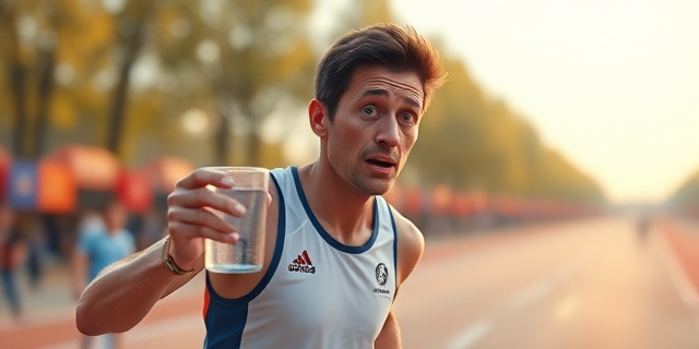Un corredor exhausto después de una carrera, con un vaso de agua en la mano y una expresión de sorpresa en su rostro al ver los resultados de su análisis de sangre
