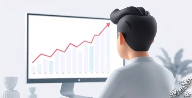 Ilustración de una persona frente a una pantalla de computadora con gráficos de crecimiento económico y digitalización.