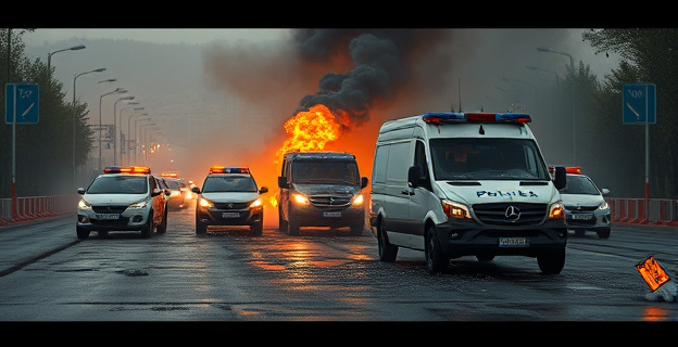 Una autopista italiana con vehículos incendiados y un furgón blindado destruido, rodeado de humo y restos de coches de policía falsos.