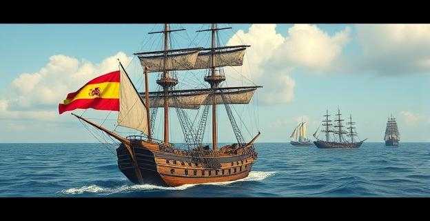 Imagen de un barco de guerra español del siglo XVIII en alta mar, con la bandera española ondeando, rodeado de otros buques en la distancia.