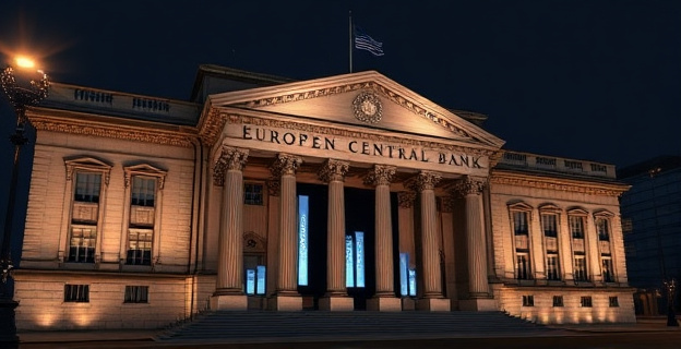 Edificio del Banco Central Europeo en Frankfurt iluminado con luces tenues, con gráficos de barras mostrando salarios en la fachada