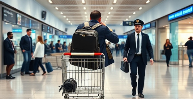 Imagen de una mochila de lujo siendo arrebatada de un carrito de equipaje en un aeropuerto concurrido, con agentes de policía de paisano siguiendo discretamente a los sospechosos.