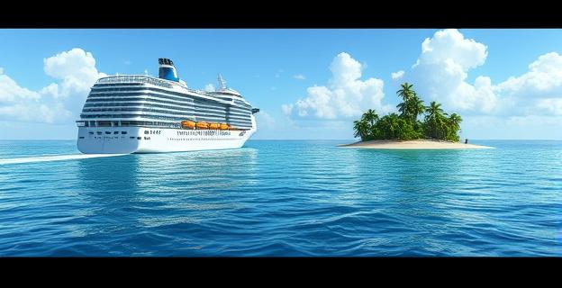 Imagen de un crucero alejándose de una isla tropical con una figura solitaria en la orilla