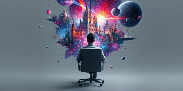 Una ilustración conceptual surrealista. Una persona sentada en una silla de oficina gris y aburrida, pero de su cabeza emerge una explosión vibrante y colorida de mundos fantásticos, castillos y galaxias que la envuelven como una manta pesada, aislándola del entorno gris. Estilo arte digital moderno, contraste entre monocromo y neón.