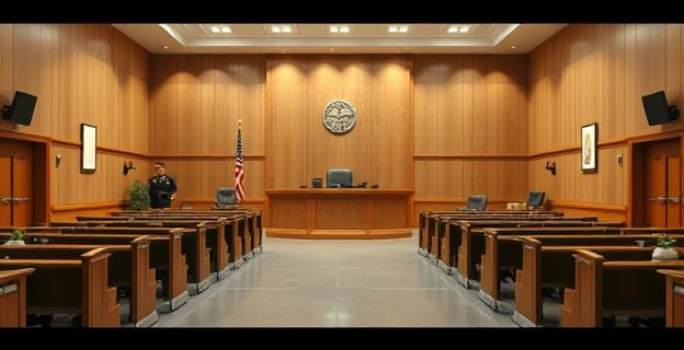 Una sala de audiencias judicial vacía con medidas de seguridad reforzadas, incluyendo barreras de seguridad y presencia policial. El ambiente es serio y solemne.