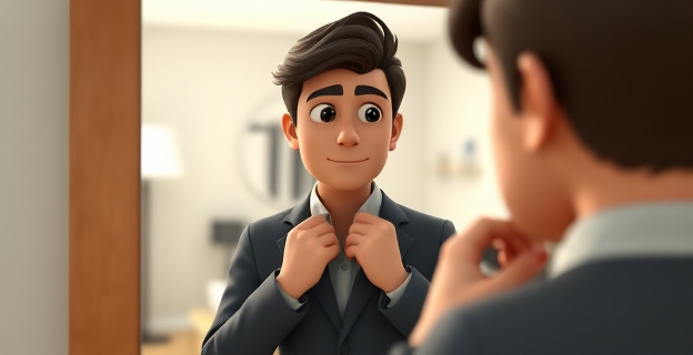 Una persona frente al espejo ajustando su ropa y mirando su reflejo con atención, con una expresión de concentración. Al fondo, una habitación con elementos que sugieren preparación para salir.