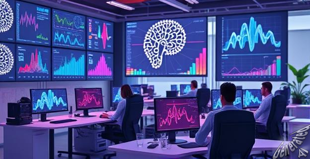 Una oficina moderna con pantallas mostrando gráficos de IA mientras profesionales trabajan en sus escritorios con computadoras que ejecutan software de Inteligencia Artificial