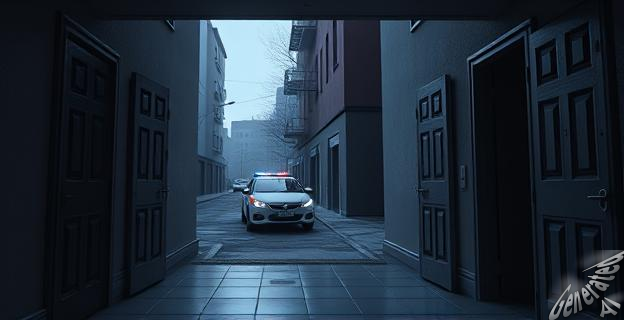 Imagen de un piso okupa con puertas cerradas y un ambiente de tensión, con una calle desierta al fondo y un coche de policía en la lejanía.