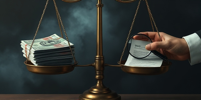 Una balanza de la justicia inclinada, con una mano sosteniendo fajos de billetes y otra con una lupa sobre documentos. Fondo oscuro y tormentoso, con sombras que sugieren intriga y corrupción. Estilo pictórico, con pinceladas expresivas y texturas marcadas. Colores apagados, predominando grises, marrones y negros, con un toque de rojo sangre en los billetes.