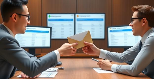 Una escena de oficina donde un ejecutivo entrega un sobre con dinero a otro hombre, con un fondo de documentos y pantallas de ordenador mostrando transferencias bancarias y facturas de suministros médicos.